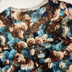 Talbots Pure Merino Wool Cardigan Sz 2X Brown Blue Rose Button Romantic Cottage
